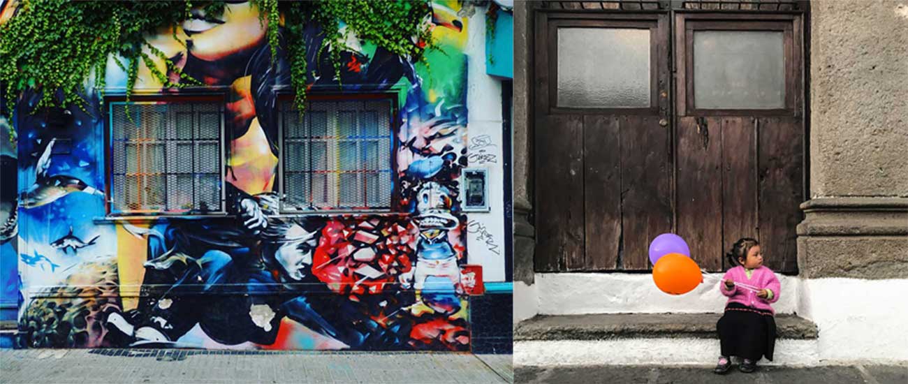 From left, street art in Buenos Aires; and sublime local color in Antigua.