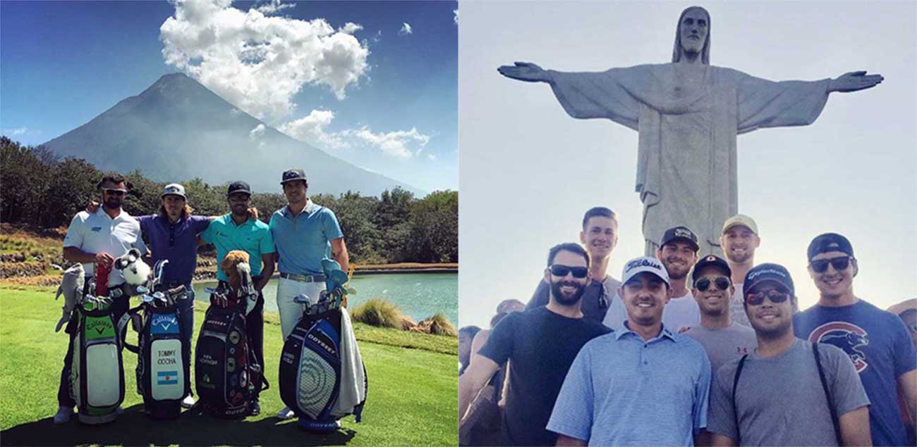 From left, Daniel Barbetti, Tommy Cocha, Rafa Enchenique and Leandro Marelli having their own volcanic moment at Antigua's Fuego Maya Golf Course. Right: The mandatory group-selfie with Christ the Redeemer in Rio.