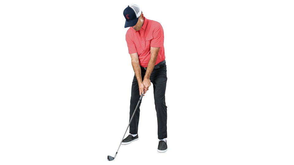 If you set up with a narrow stance and a flared left foot, you won't feel the need to lift on the backswing.