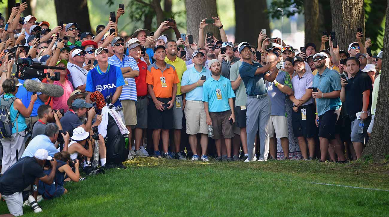 Tiger Woods went well left on the 15th hole at Bellerive, but he still made par.