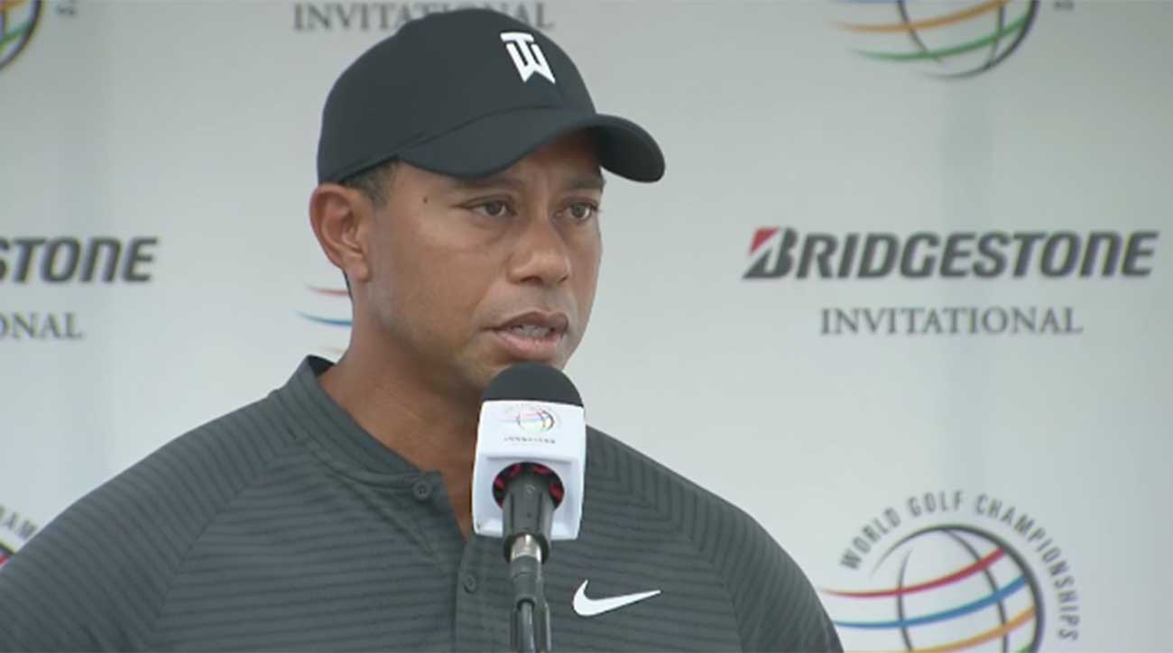 Tiger Woods speaks to the media prior to the WGC-Bridgestone on Thursday in Akron.