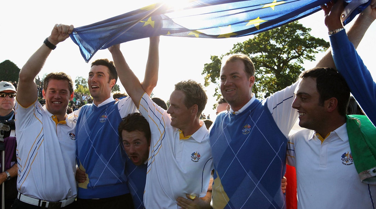 Luke Donald (in white, middle) came through in a big way in Europe's 2010 win at Celtic Manor.