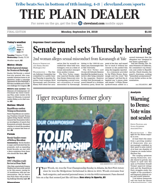 Tiger Woods on front page of the The Cleveland Plain Dealer.
