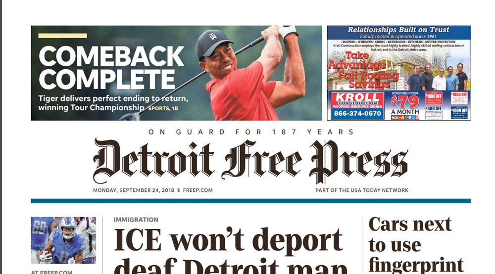 Tiger Woods on front page of the Detroit Free Press.