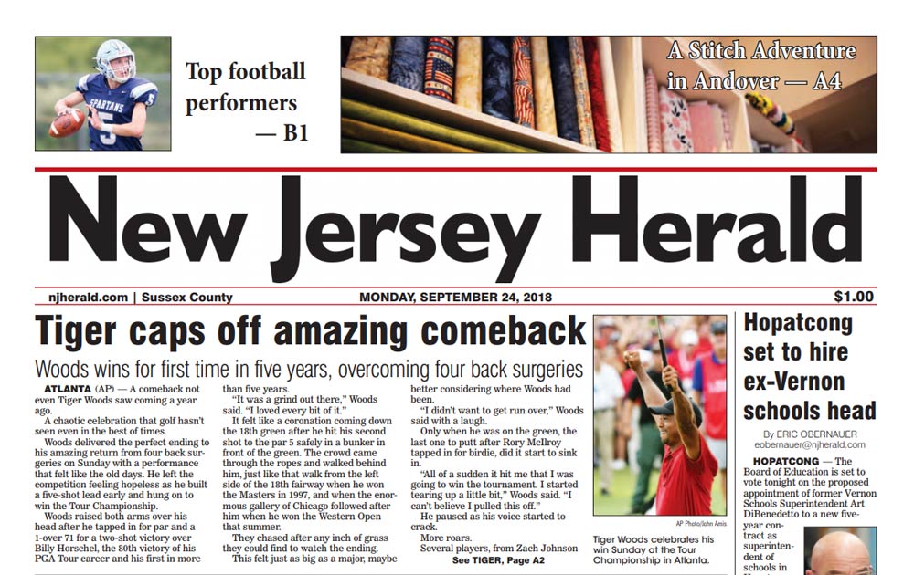 Tiger Woods on front page of the New Jersey Herald.