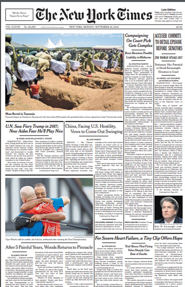 Tiger Woods on front page of New York Times.