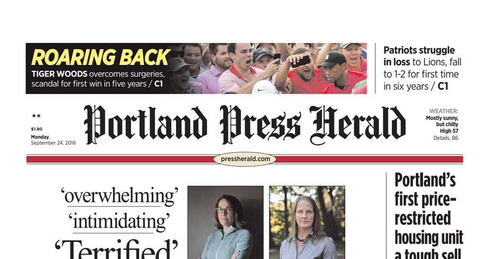 Tiger Woods on front page of the Portland Press Herald.