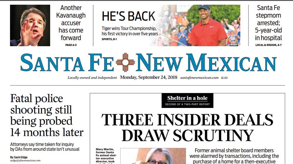 Tiger Woods on front page of Santa Fe New Mexican.