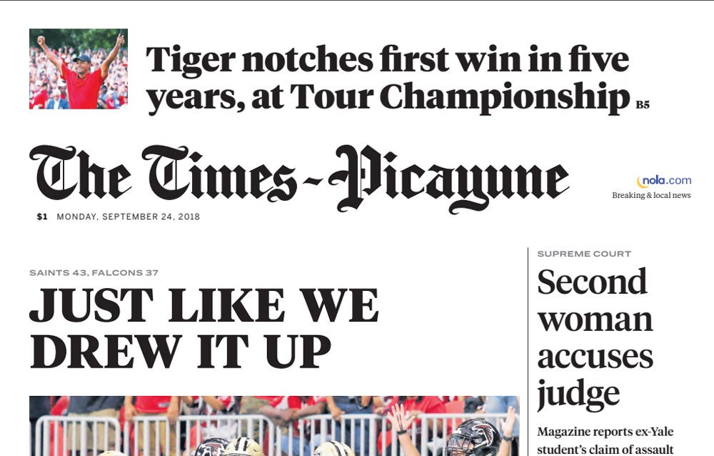 Tiger Woods on the front page of Times-Picayune.