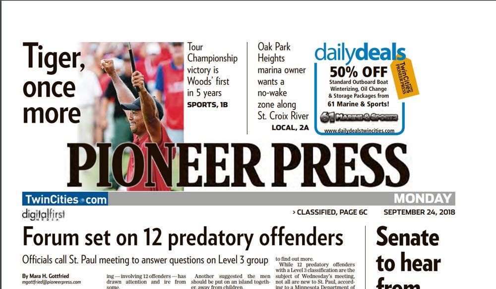 Tiger Woods on front page of the Pioneer Press.