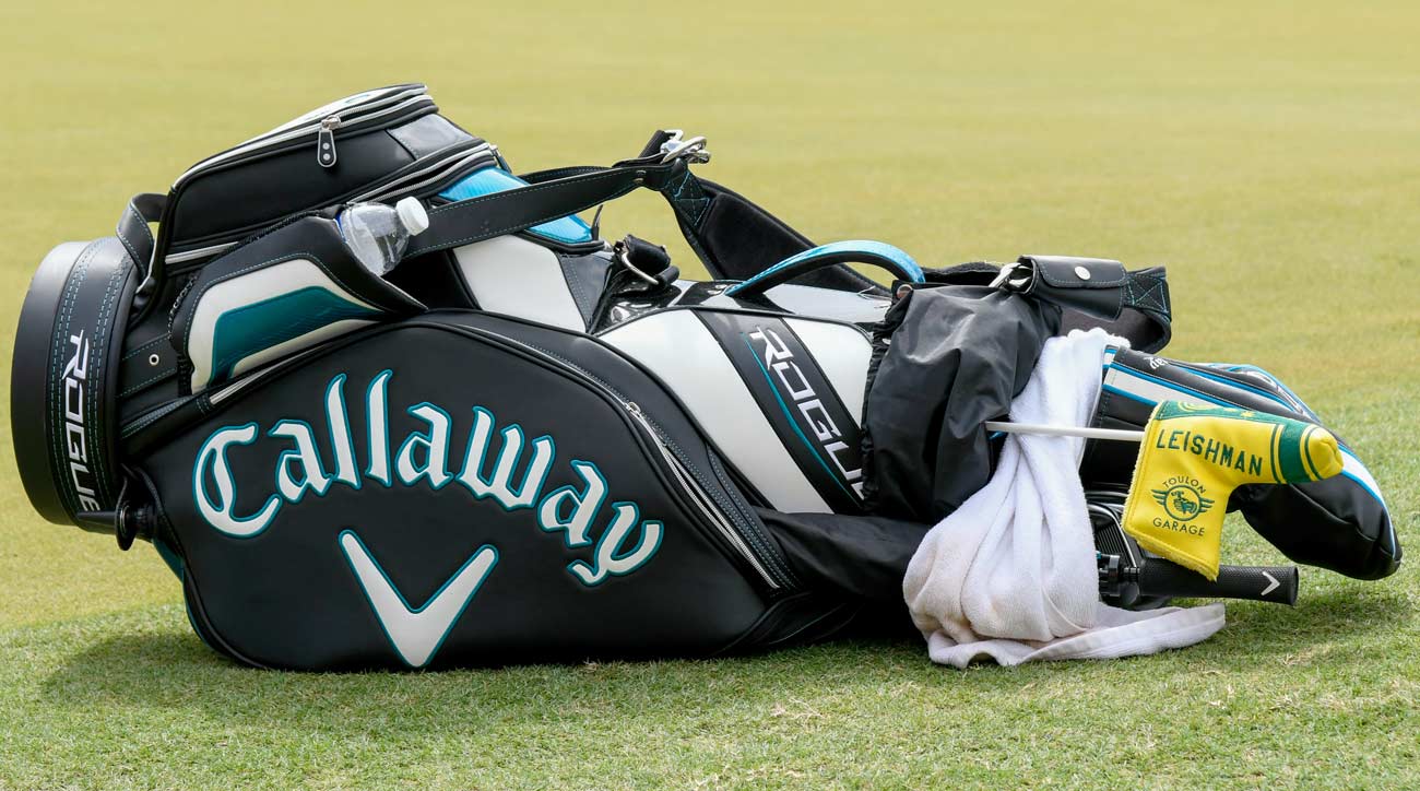 Marc Leishman's golf bag lies on the grass Sunday in the final round of the 2018 CIMB Classic.