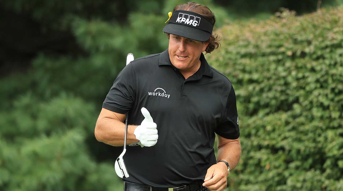 Phil Mickelson gives a thumbs up during a round.