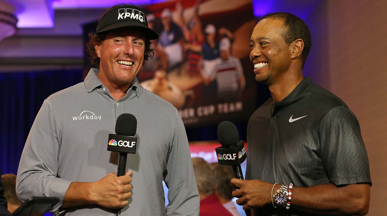 Phil Mickelson and Tiger Woods after being selected as captain's picks for the 2018 U.S. Ryder Cup team.