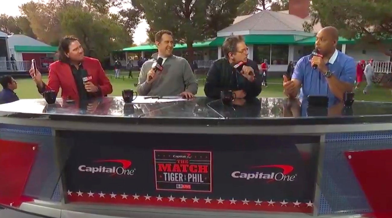 The broadcast team for The Match between Tiger Woods and Phil Mickelson featured, among others, (from left to right) Pat Perez, Adam Lefkoe, Ben Stiller and Charles Barkley.