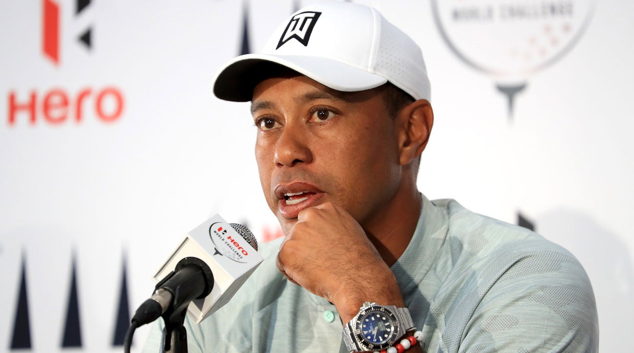 Tiger Woods speaks to reporters at the 2018 Hero World Challnege.