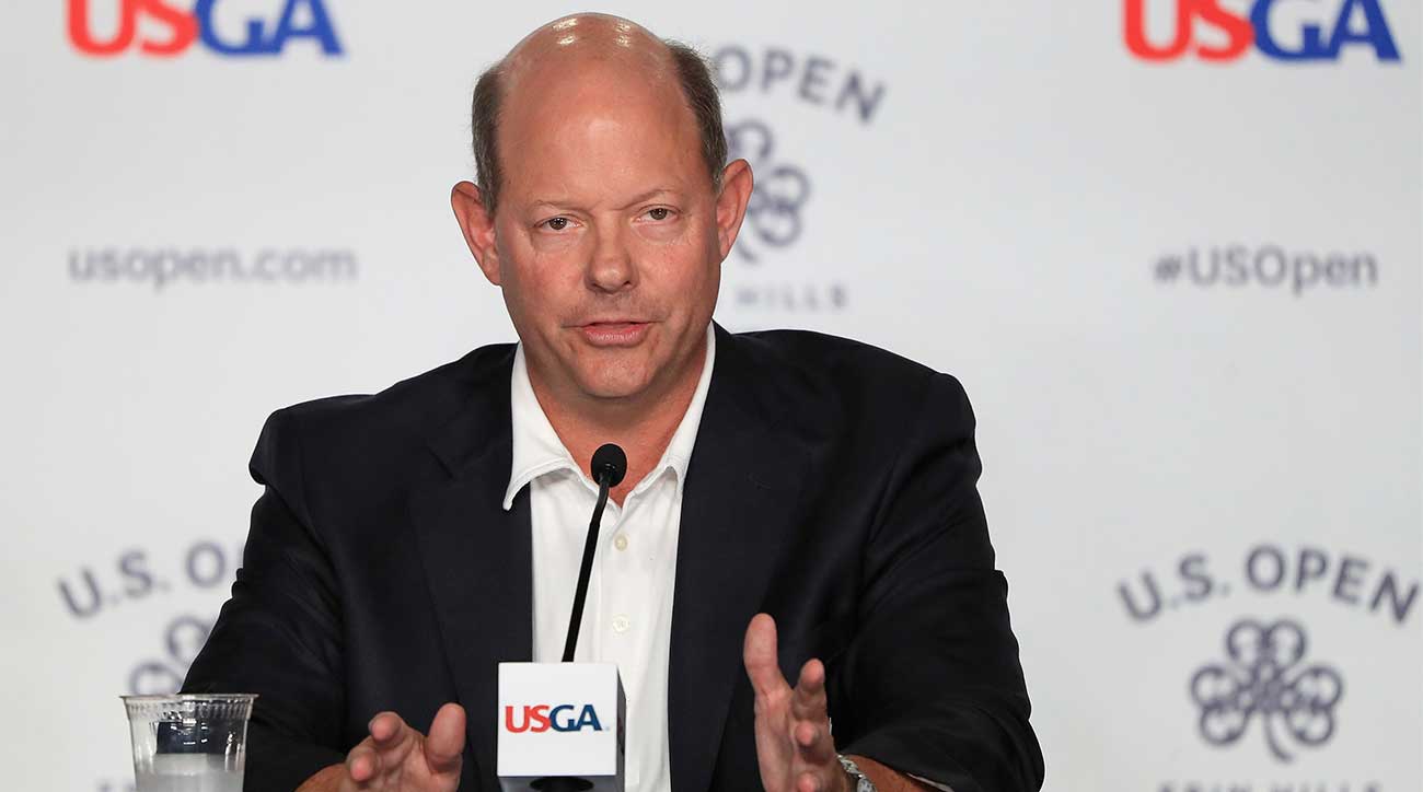 Mike Davis speaks to the media at the 2018 U.S. Open.
