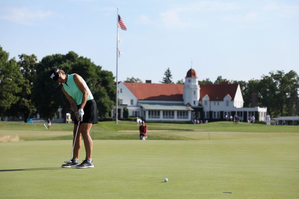 WHEATON, IL - JULY 13: Suzy Whaley putts on the 15th green during the second round of the U.S. Senior Women's Open at Chicago Golf Club on July 13, 2018 in Wheaton, Illinois. (Photo by Christian Petersen/Getty Images)