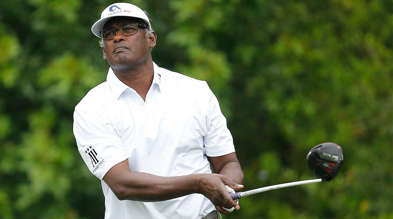 Vijay Singh watches a tee shot during the final round of the Honda Classic.